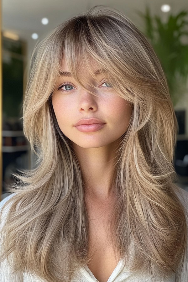 35 Trendy Long Straight Haircuts To Try Now : Champagne Layers with Curtain Bangs