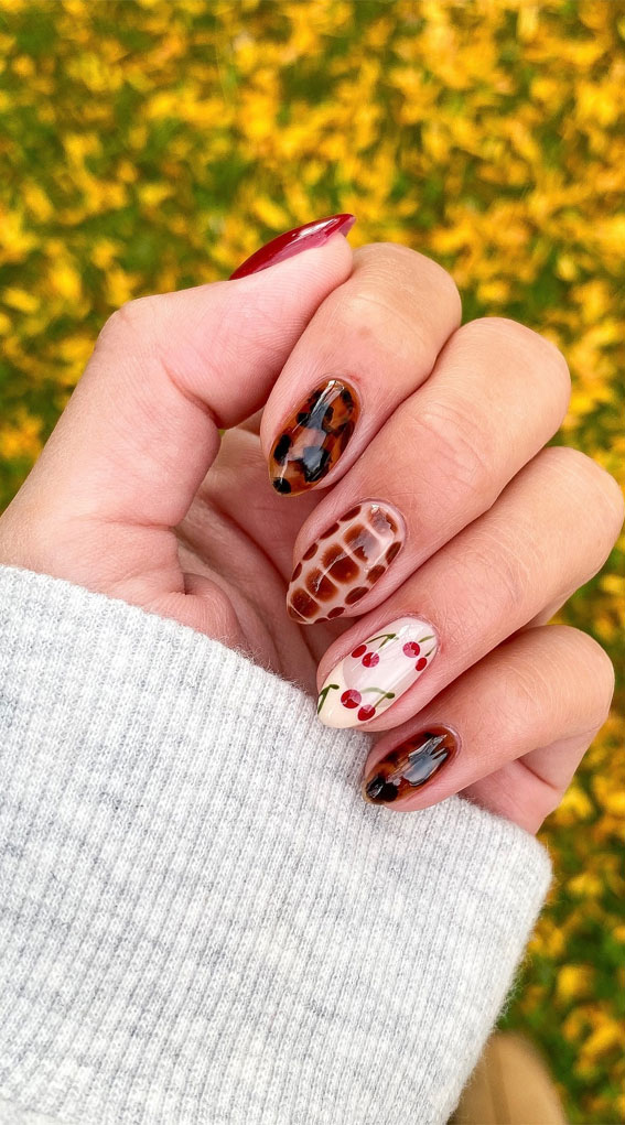 Cherry and Tortoiseshell Mix, Trendsetting Autumn Nail Designs, almond nails, fall nail design, mix n match autumn nails