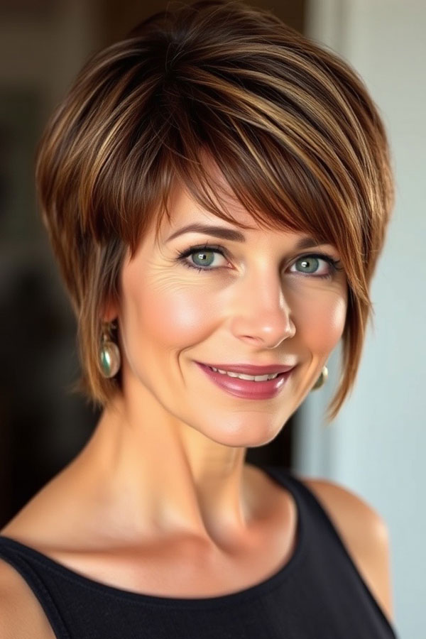 Chestnut Brown Pixie with Caramel Highlights, pixie hair color idea, pixie haircut, pixie hair color