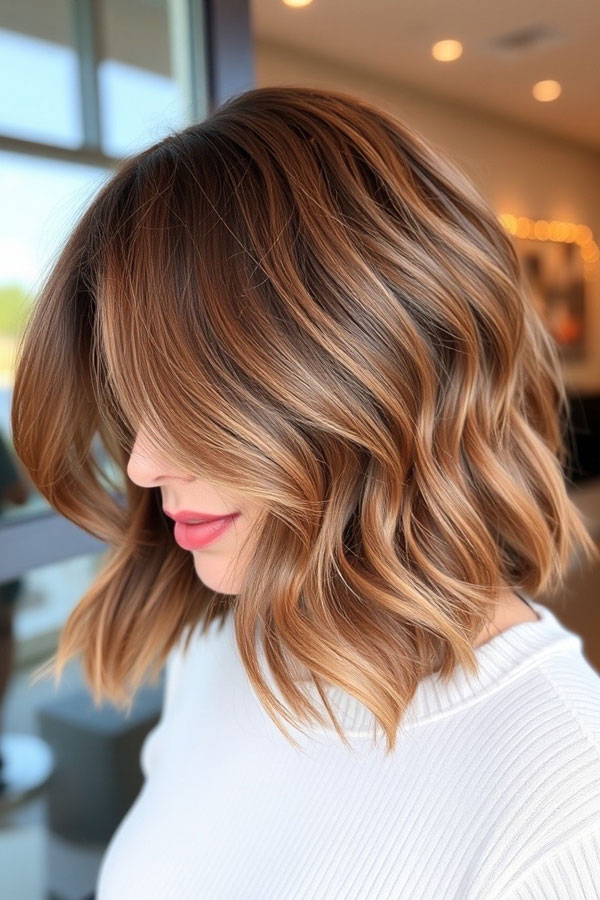 Chestnut Wavy Long Bob, wavy long bob haircut