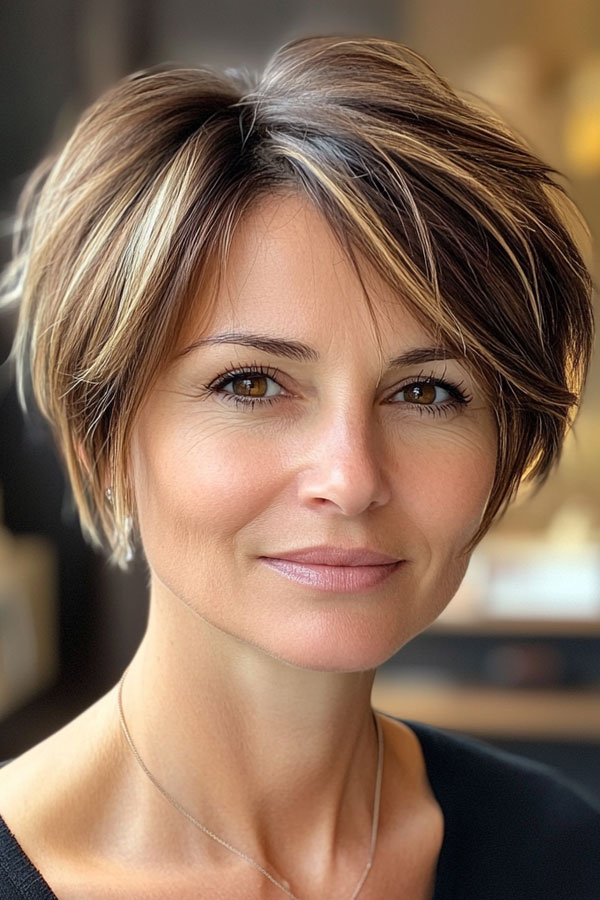 50 Trendy Pixie Haircuts For Women Over 50 : Chic Brunette Pixie Straight Hair with Highlights