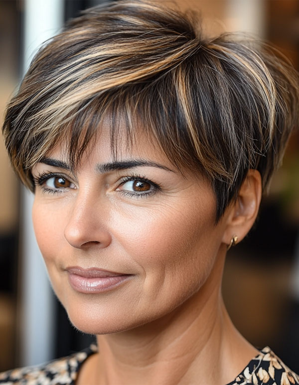 Chic Brunette Pixie with Highlights, Pixie haircut for women over 50