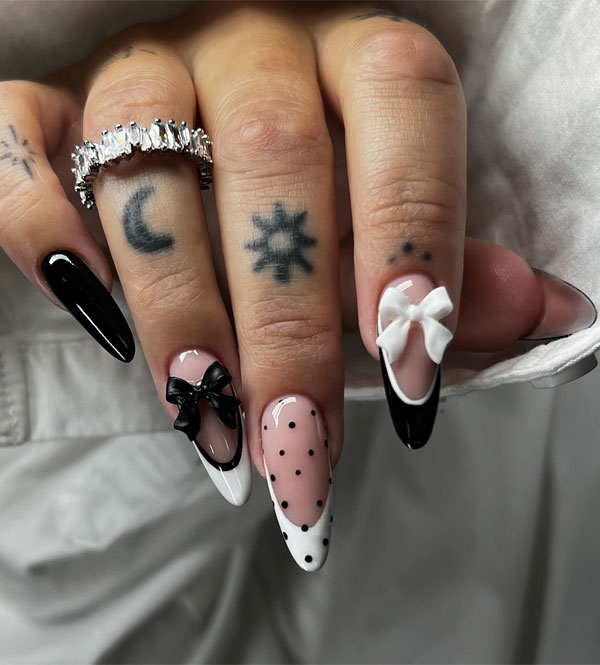 30 Trendy Fall Nails to Inspire Your Cozy Season Look : Chic Monochrome Nails with Polka Dots & 3D Bows