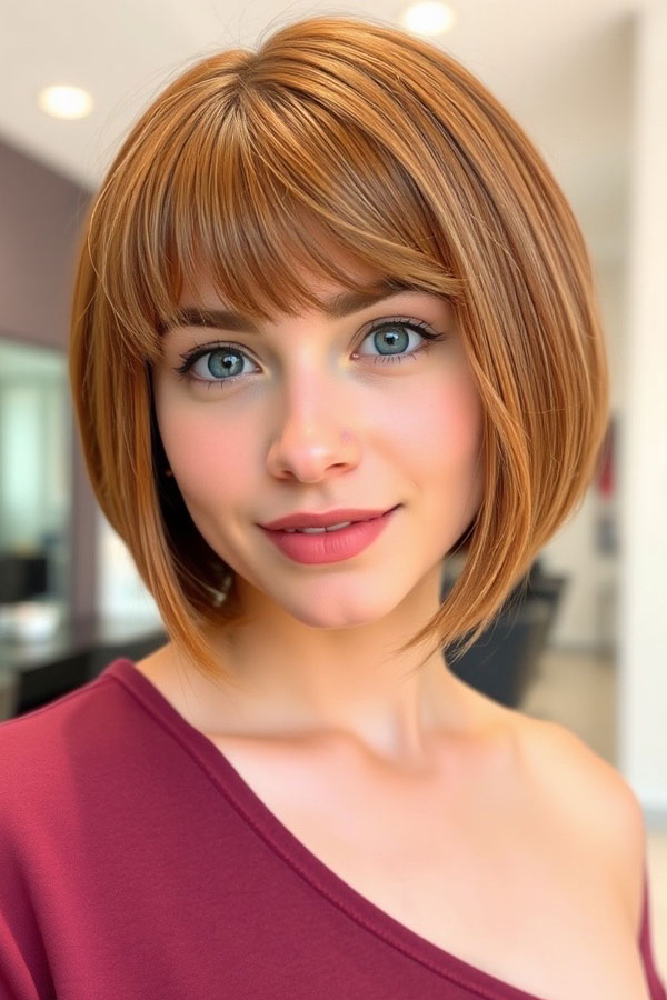 Chic Pumpkin Spice Bob with Soft Bangs, pumpkin hair colour