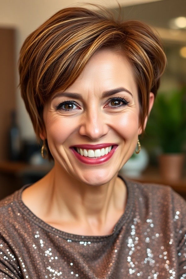 50 Pixie Hair Colour Ideas for Women Over 50 : Chic Short Pixie with Soft Layers and Highlights