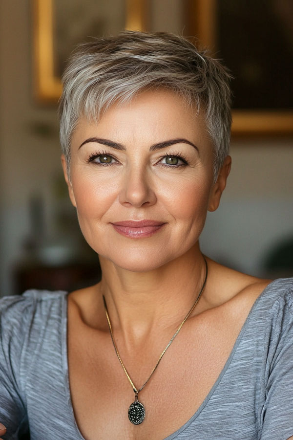 50 Pixie Hair Colour Ideas for Women Over 50 : Chic Silver Pixie with Soft Fringe