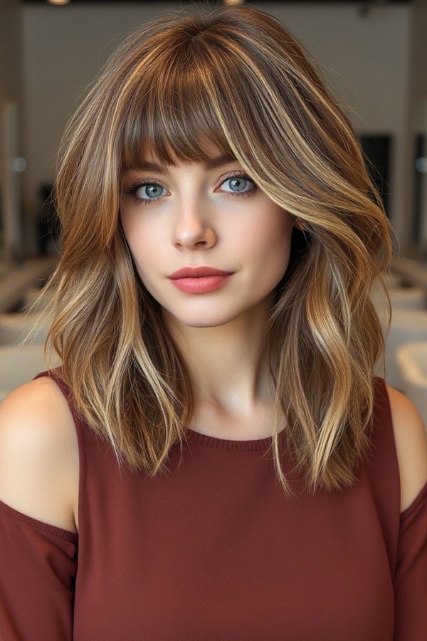 Chic and Effortless Layers with Soft Bangs, medium-length haircut, low maintenance medium-length haircut