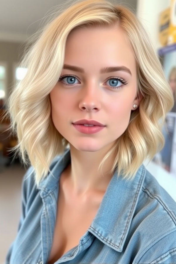 Chin-Length Wavy Bob with a Side Part, long bob hairstyle, , medium-length haircut, low maintenance medium-length haircut