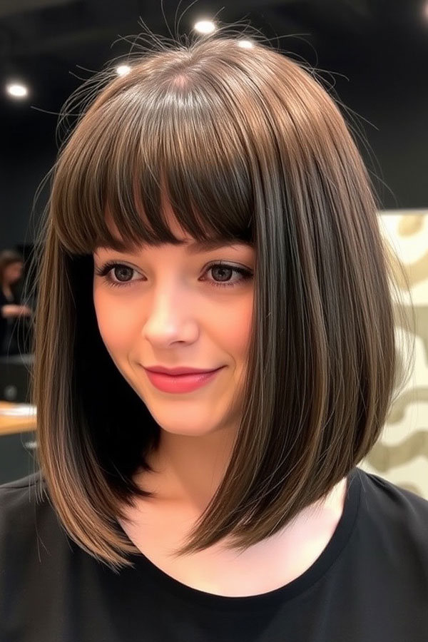 25 A-Line Haircuts to Personalize Your Style: Chocolate Brown A-Line Bob with Full Bangs