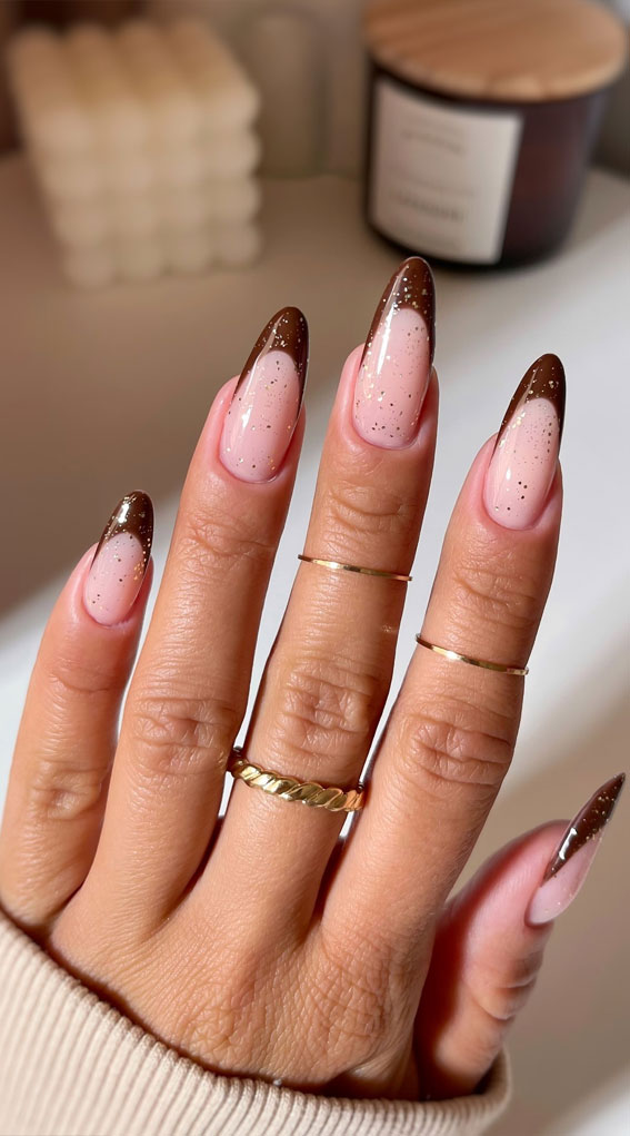 40 Trendsetting Autumn Nail Designs : Chocolate Brown French Tips with Sparkle