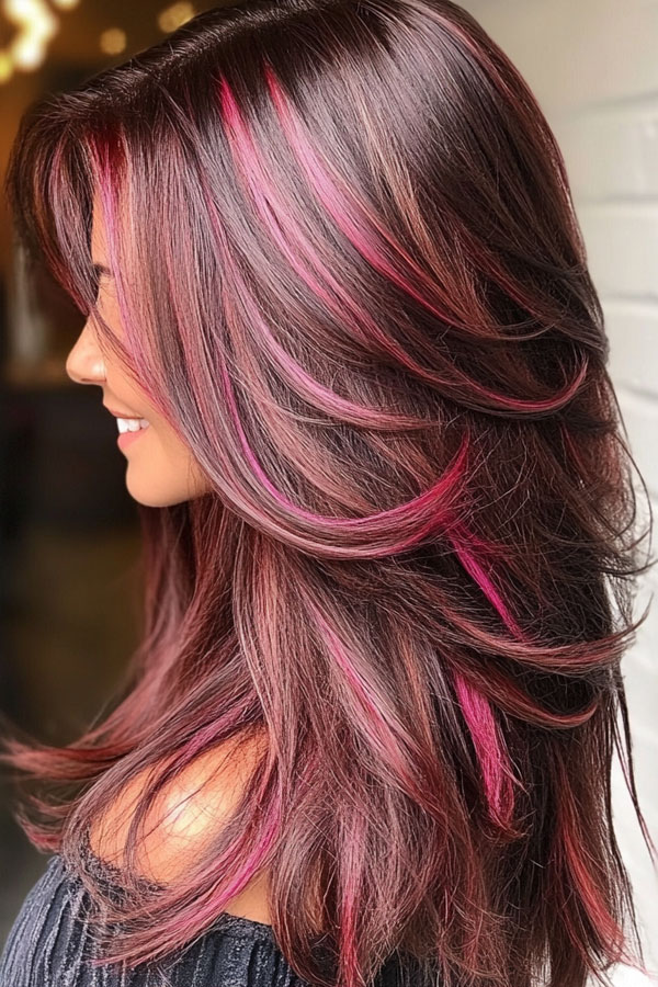 Chocolate Brown Layers with Vibrant Pink Highlights, autumn hair colour , fall hair color, autumn hair colour trend