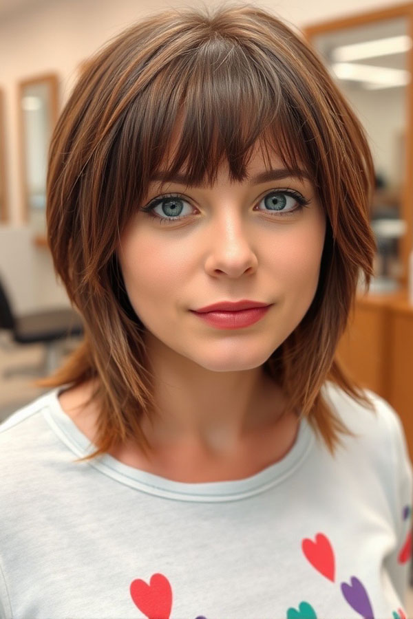 Choppy Layered Bob with Blunt Bangs, haircut for thin hair