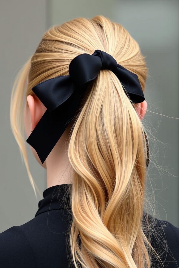 40 Ponytail Hairstyles for an Instant Hair Upgrade : Classic Black Bow Ponytail