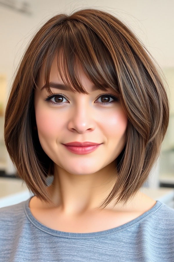 Classic Bob with Feathered Bangs, long bob hairstyle, , medium-length haircut, low maintenance medium-length haircut