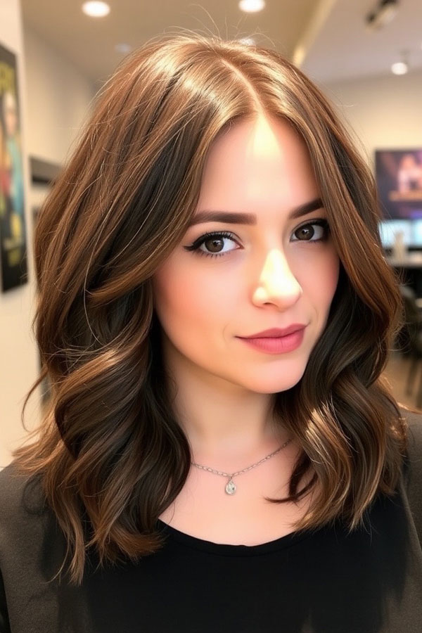 Classic Brunette Long Bob Waves, Wavy Lob Haircut, Long Bob hairstyle