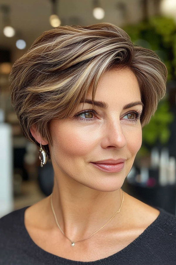 Classic Brunette Long Layered Pixie with Highlights for Women Over 50