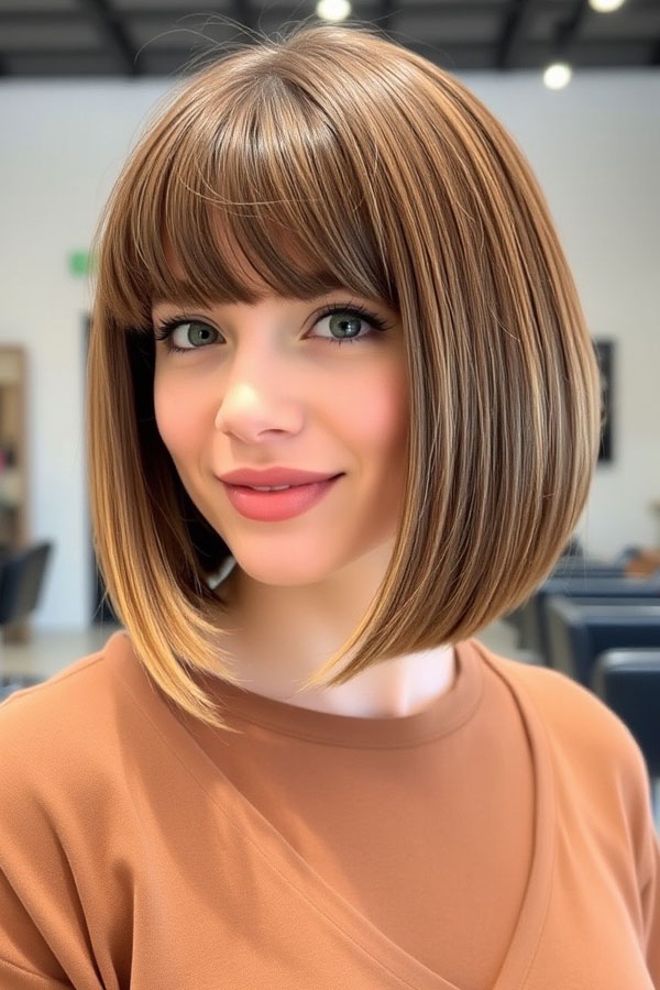 50 Must-Try Autumn Hair Colours : Classic Caramel Bob with Bangs