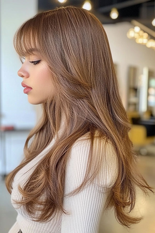 Classic Caramel Long Layers with Bangs, trendy long straight haircut