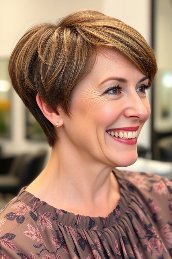 50 Pixie Hair Colour Ideas for Women Over 50 : Classic Caramel Pixie with Side-Swept Bangs