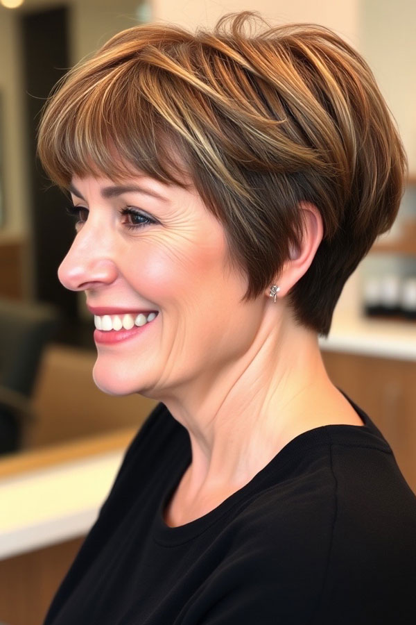 50 Pixie Hair Colour Ideas for Women Over 50 : Classic Layered Pixie with Soft Bangs