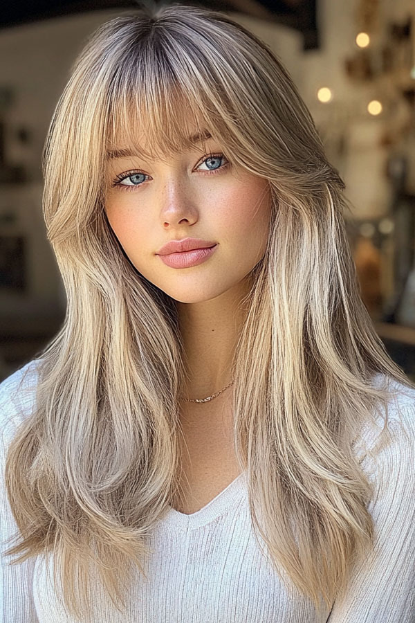 35 Trendy Long Straight Haircuts To Try Now : Cool Blonde Long Hair with Feathered Bangs