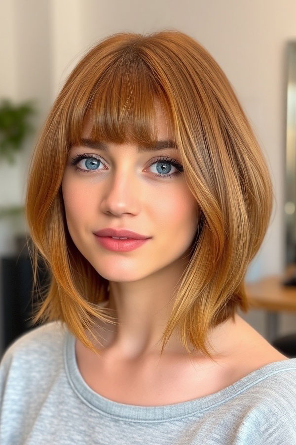 Copper Bob with Soft Bangs, long bob hairstyle, , medium-length haircut, low maintenance medium-length haircut