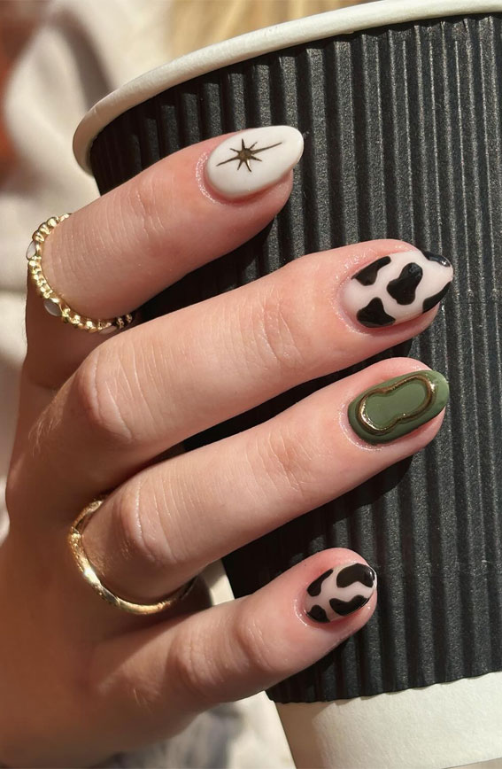 Cow Print and Olive Green Charm, Trendsetting Autumn Nail Designs, almond nails, fall nail design, mix n match autumn nails