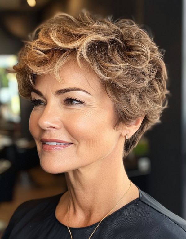 50 Pixie Hair Colour Ideas for Women Over 50 : Curly Caramel Pixie with Golden Highlights