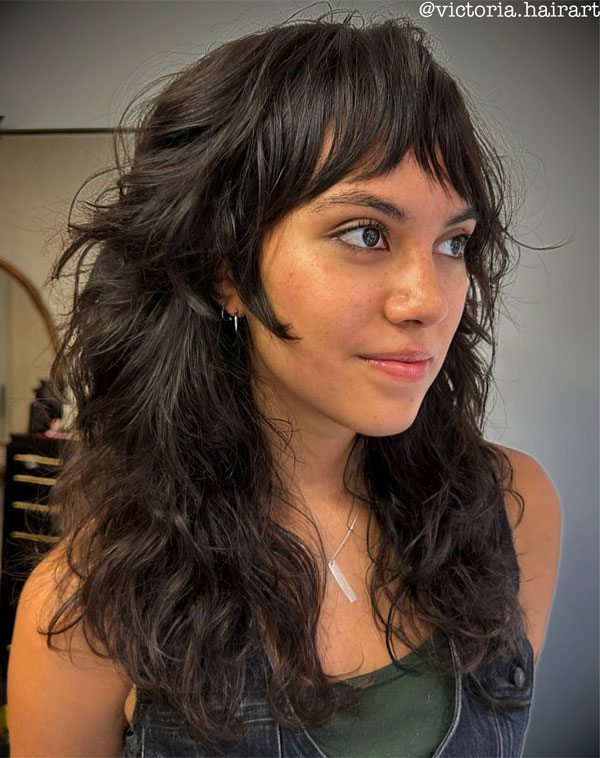 50 Beautiful Long Shag Haircuts for Effortless Style : Curly Shag with Micro Bangs