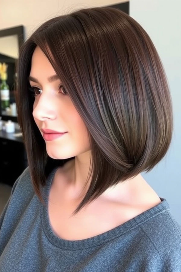 Dark Brown Sleek with Glossy Finish, A-line haircut