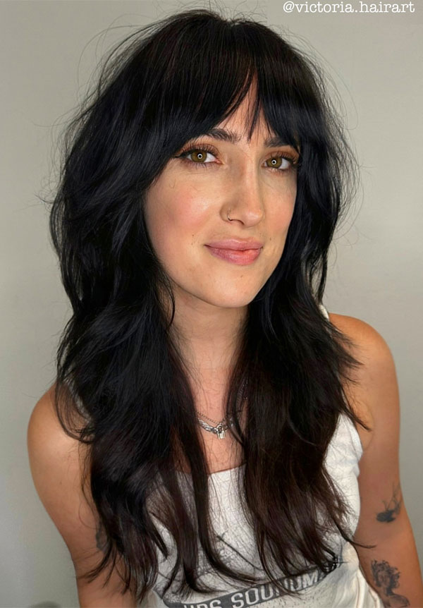 50 Beautiful Long Shag Haircuts for Effortless Style : Dark Inky Black Textured Shag