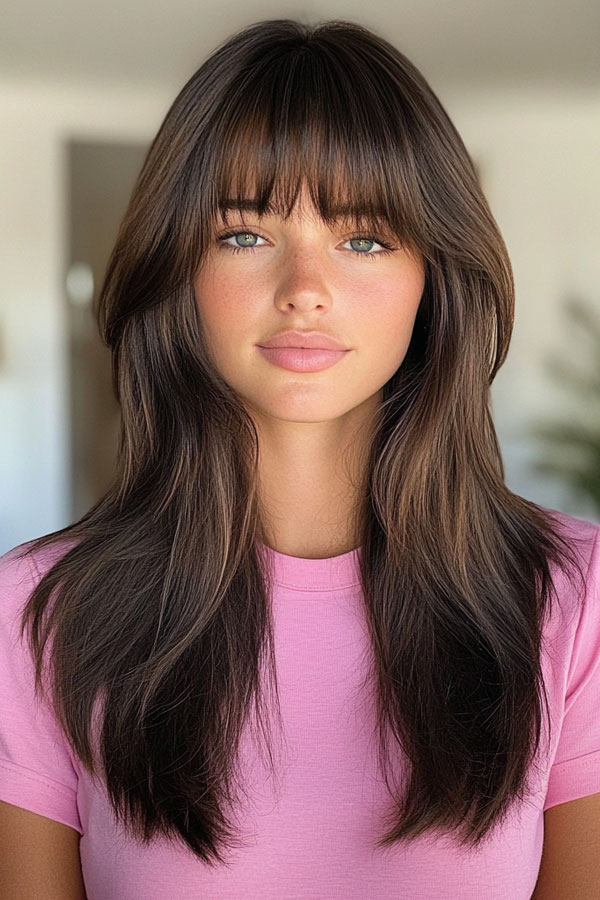 35 Trendy Long Straight Haircuts To Try Now Brunette Soft Layers with Full Bangs