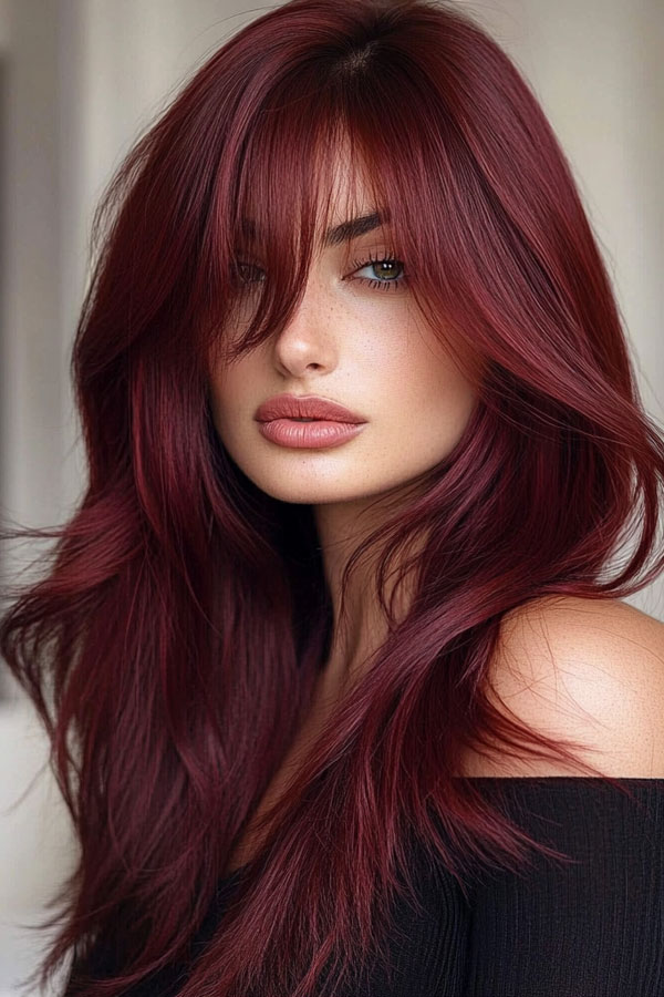 50 Fall Hair Colors to Light Up the Season : Deep Burgundy Layered Waves with Soft Fringe