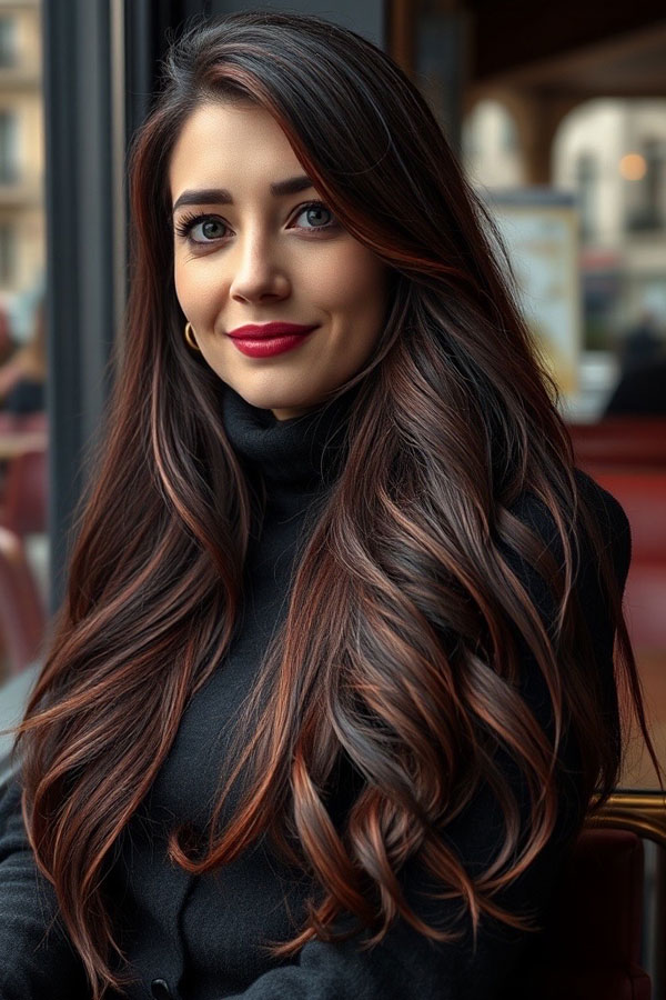 53 Gorgeous Hair Colours for the Fall Season : Deep Burgundy Long Waves