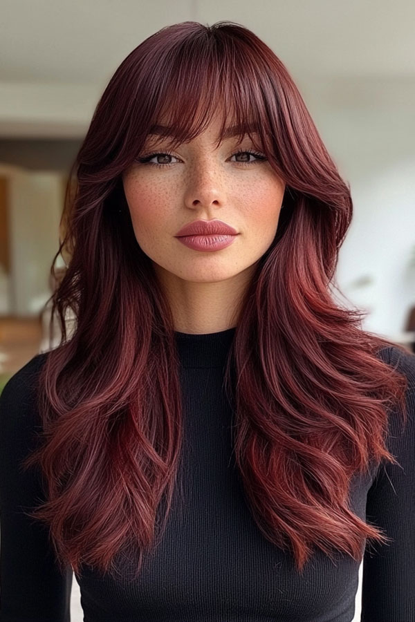 50 Fall Hair Colors to Light Up the Season : Deep Burgundy Waves with Face-Framing Bangs