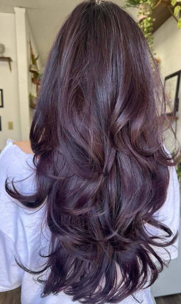 Deep Plum Layered Waves, trendsetting Short Layer Cuts on Long Hair, Short Layer Haircuts on Long Hair, layered haircut, short layered haircut on long hair