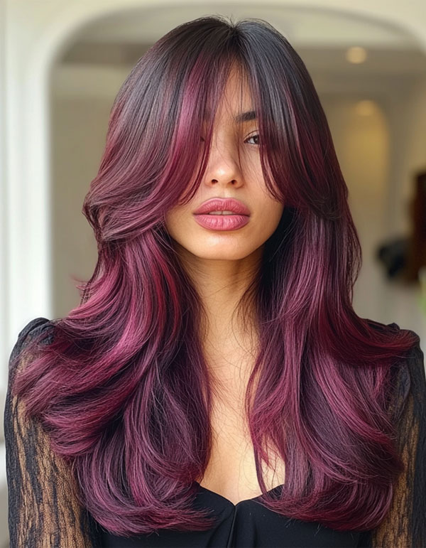 Deep Plum Layers with Face-Framing Curtain Bangs, fall hair color, autumn hair colour trend