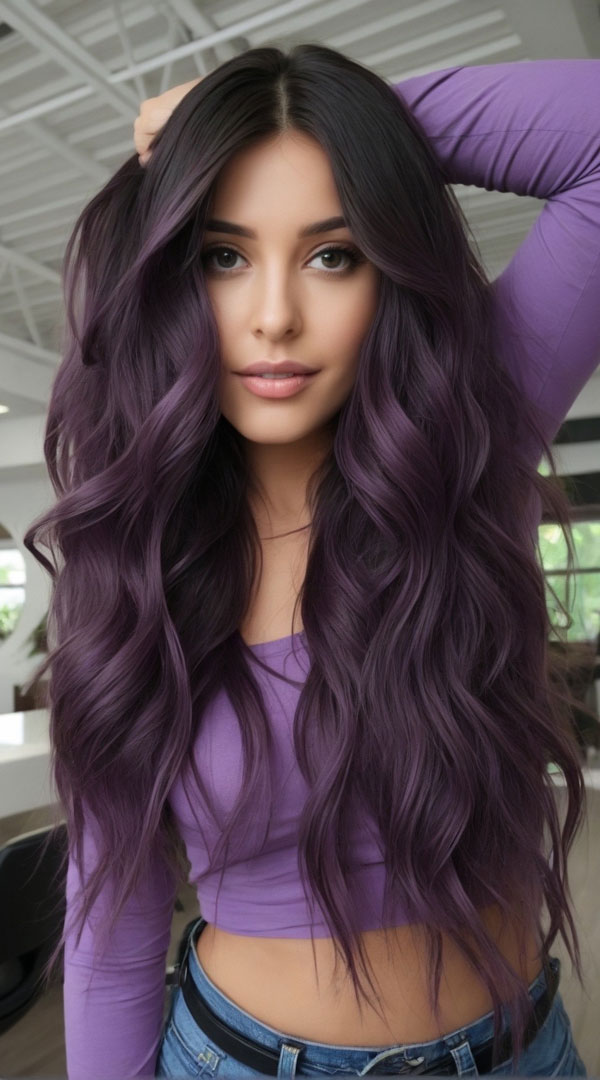 Deep Plum Long Waves, fall hair color trends, autumn hair colours