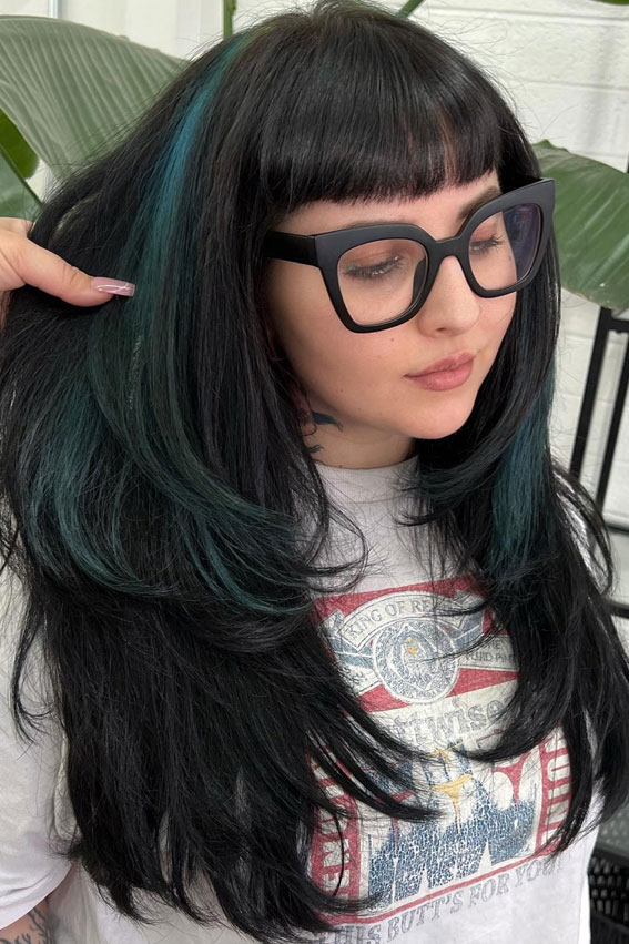 Edgy Black Layers with Teal Highlights and Blunt Bangs, Long Layered Hairstyle to Enhance Straight Hair, long layered haircut for straight hair, long layers, long layered haircut