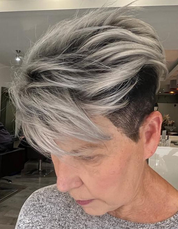 Edgy Silver Undercut Pixie, pixie haircut for women over 50