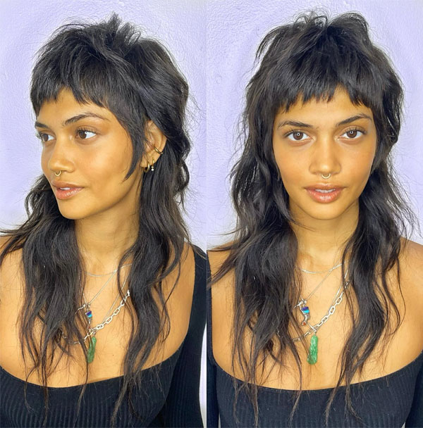 50 Beautiful Long Shag Haircuts for Effortless Style : Edgy Wolf Cut with Micro Bangs