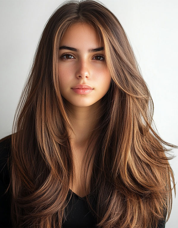 35 Trendy Long Straight Haircuts To Try Now : Effortless Brunette Layers