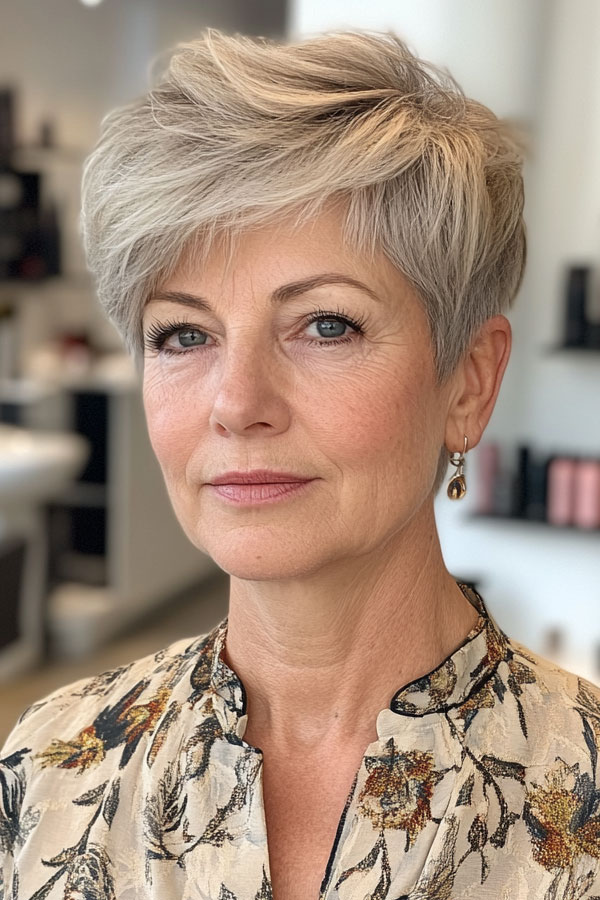 Elegant Ash Blonde Pixie with Volume, Low maintenance pixie haircut for women over 50