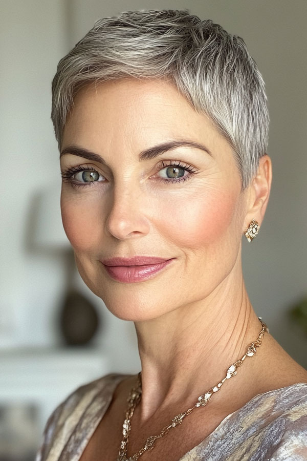 Elegant and Low-Maintenance Silver Pixie Haircut for Women Over 50