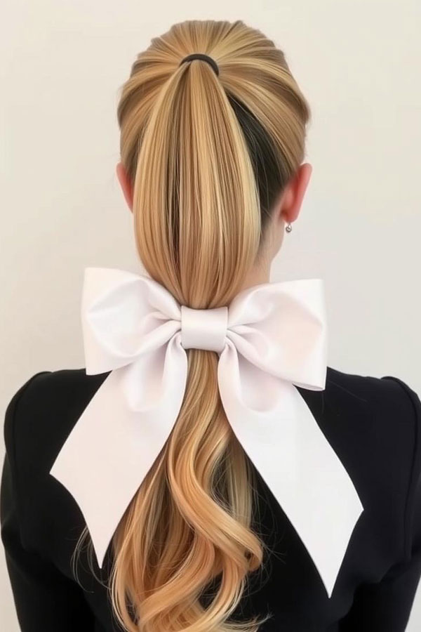 Elegant Ponytail with Bold White Bow, ponytail with bow