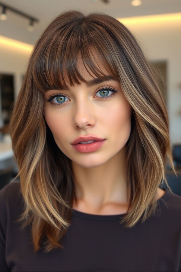 32 Low-Maintenance Medium-Length Haircuts : Feathered Layers with Wispy Bangs