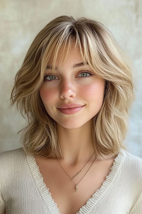 Feathered Shag with Curtain Bangs, haircut for thin hair