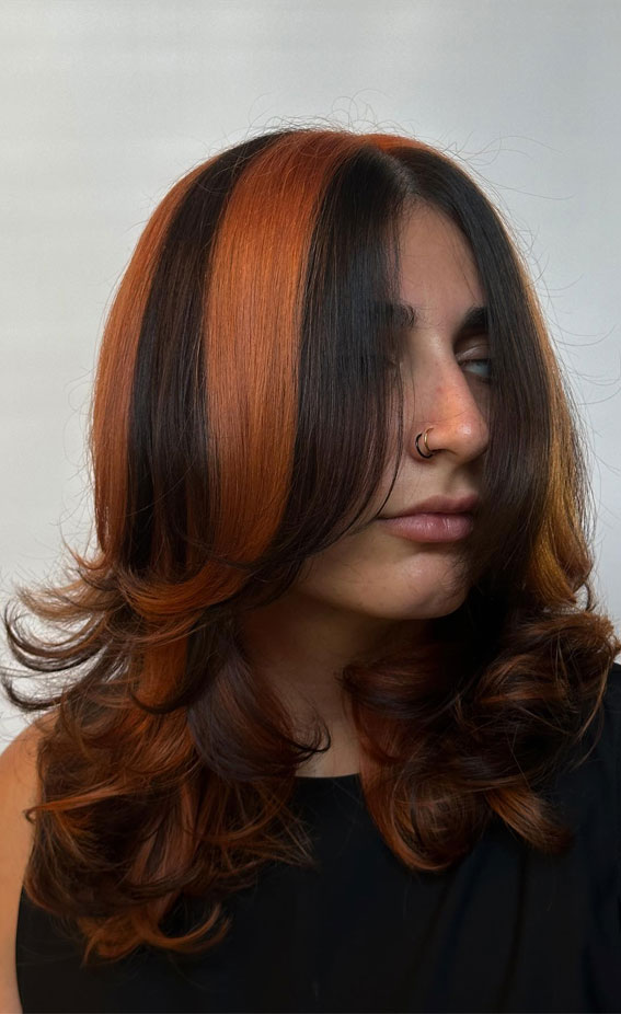 Fiery Copper Chunky Highlights with Soft Layers, shoulder length layered haircut, Trending Medium Layered Haircuts, medium length layered haircut, medium length layered hairstyle