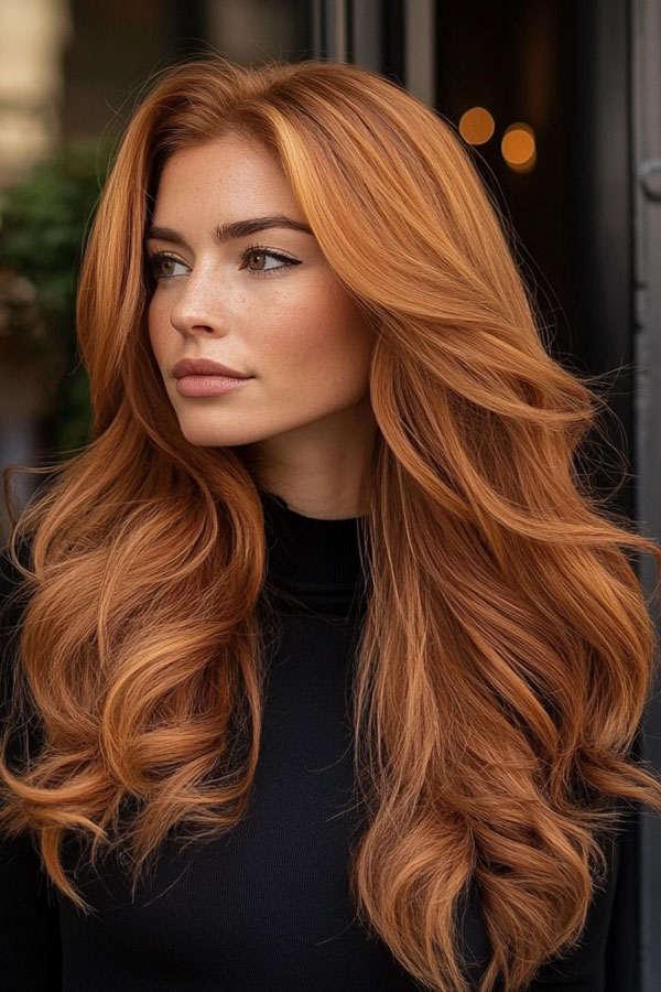 53 Gorgeous Hair Colours for the Fall Season : Fiery Copper Layered Wave Long Hair