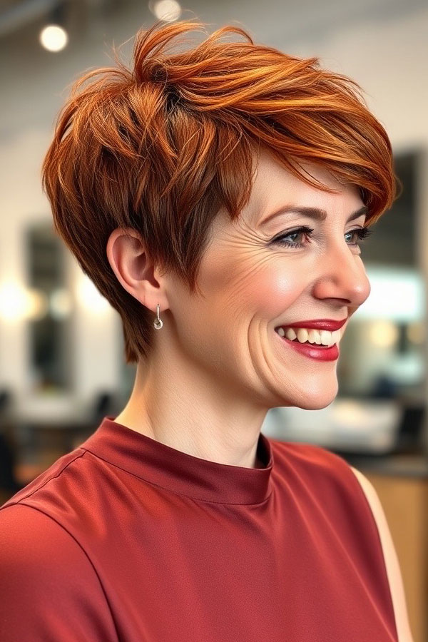 Fiery Copper Pixie, pixie hair color idea, pixie haircut, pixie hair color